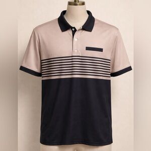 Men's Beige and Black Striped Polo Shirt